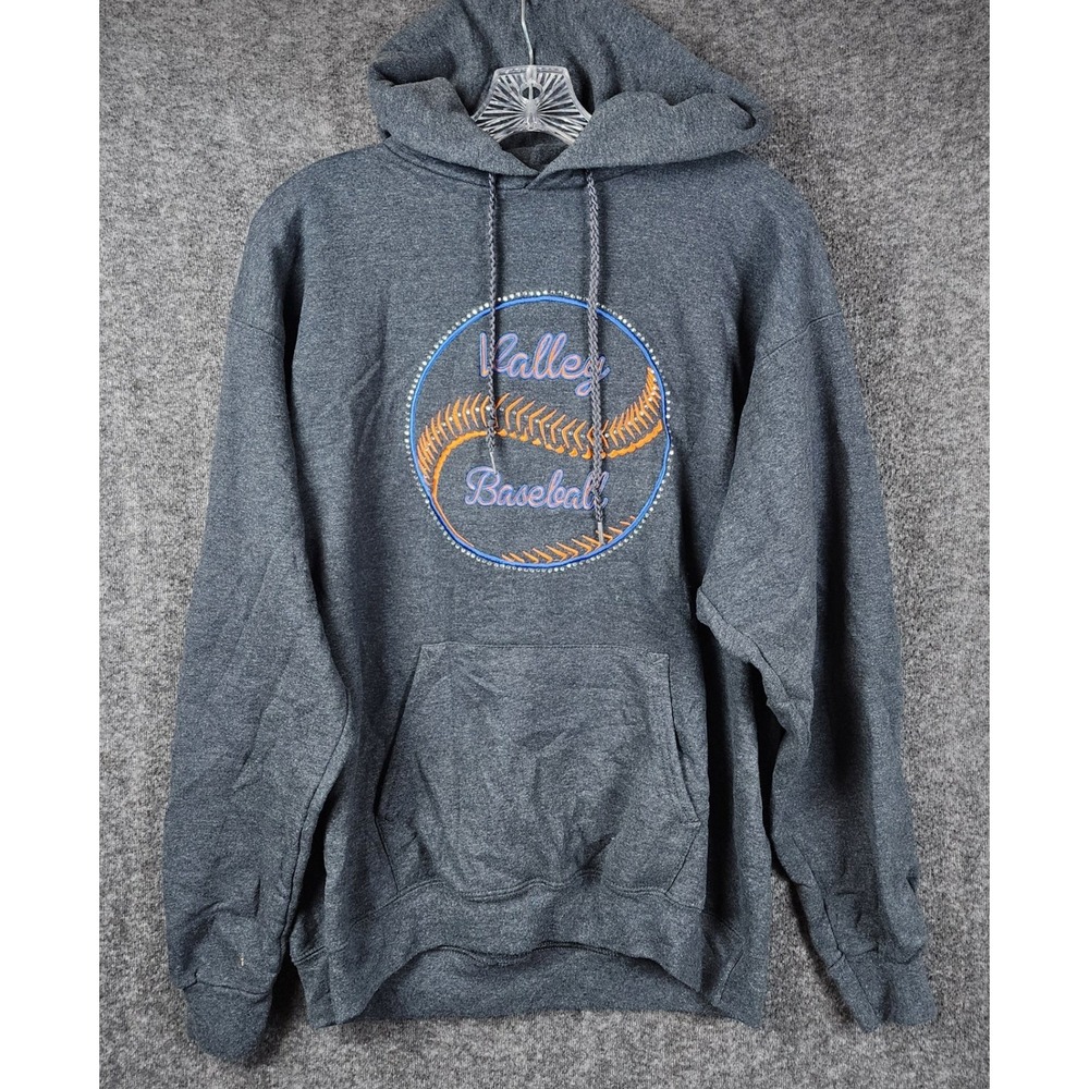 Hanes Hoodie Men M‎ Gray Valley Baseball Rhinestone Graphic Ultimate Cotton
